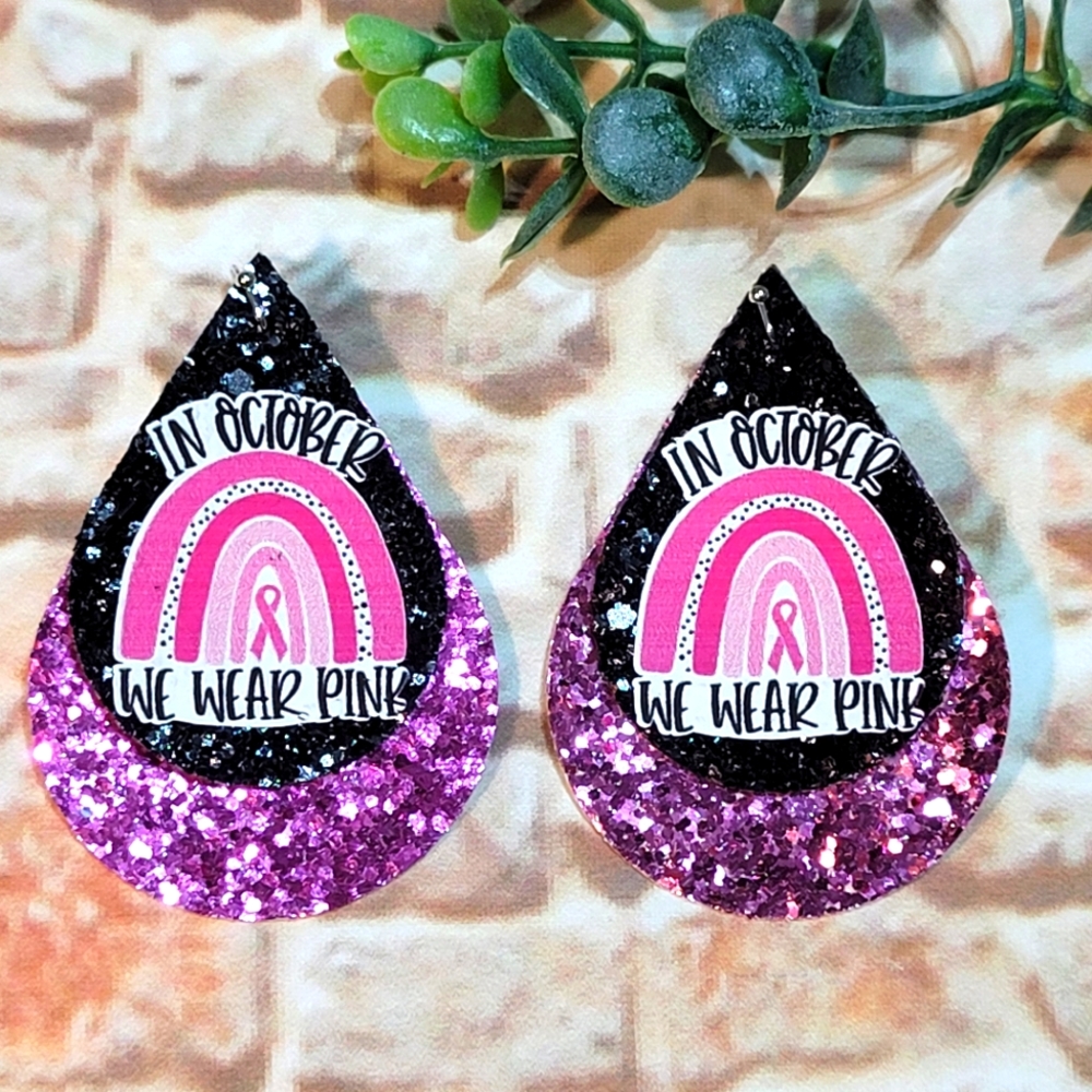 Breast Cancer awareness faux leather earrings Pink Ribbon
